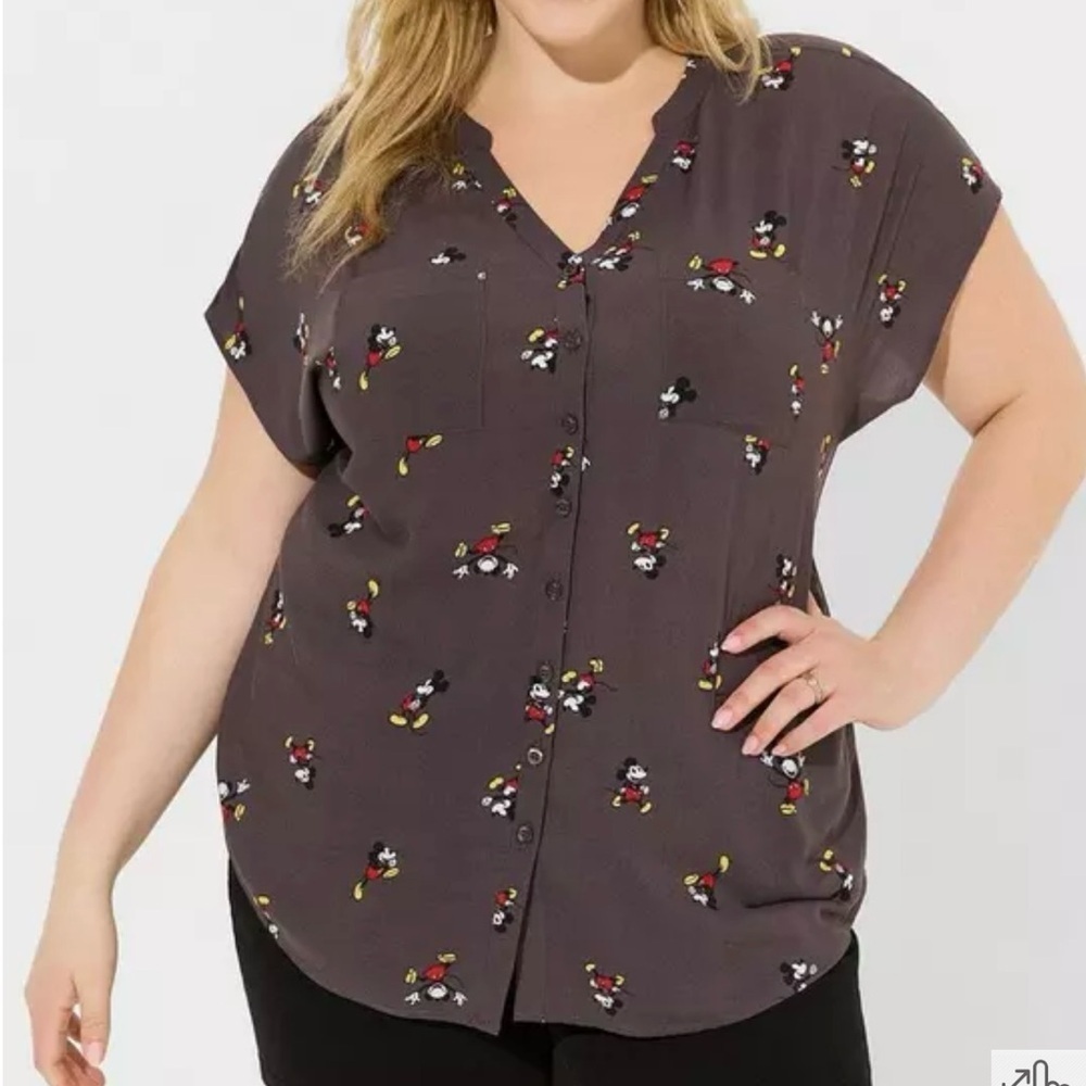 Disney Mickey Mouse Dolman Sleeve Button-Up V-Neck Shirt, Dark Grey, Size 3X